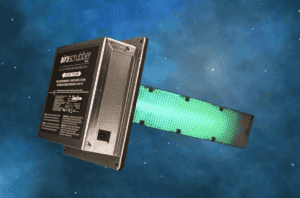 A dependable Air Scrubber with a glowing green panel, shown on a blue starry background, for trusted home comfort solutions.